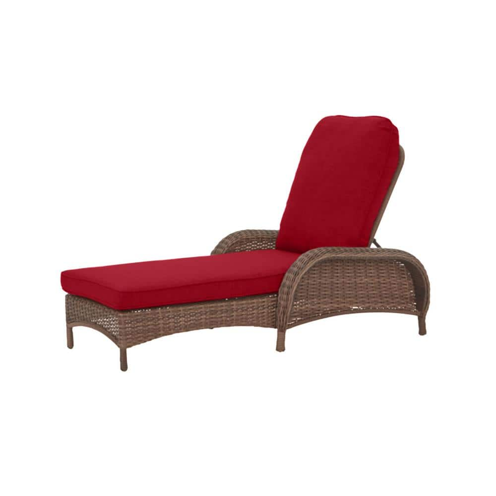 Beacon Park Brown Wicker Outdoor Patio Chaise Lounge with CushionGuard Chili Red Cushions -  Hampton Bay, H010-01193800