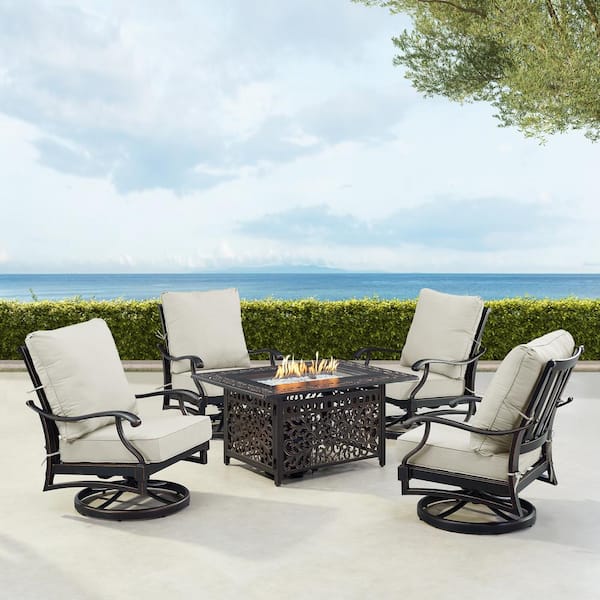 Oakland Living Black 5-Piece Aluminum Patio Fire Pit Set with Light Grey Cushions