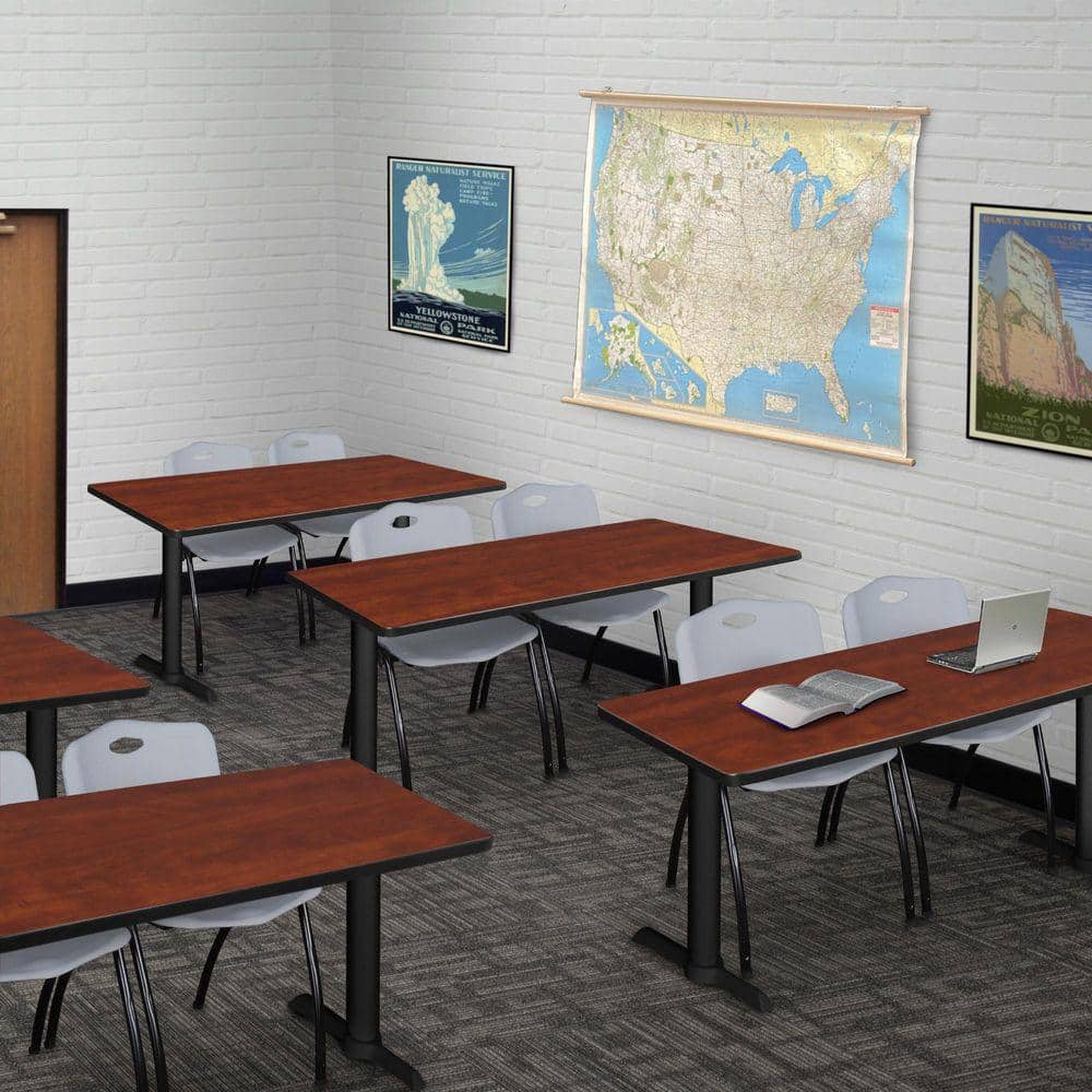 Cain 48 in. x 24 in. Cherry T-Base Training Seminar Table Desk and 2 M Stack Chairs-Grey
