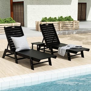 Laguna Black 3-Piece All Weather Fade Proof HDPE Plastic Outdoor Patio Reclining Chaise Lounge Chairs and Side Table Set