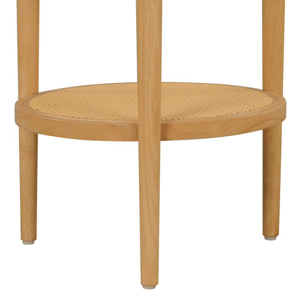 Sonia Light Brown Round Wood End Table with Rattan Shelf, Set of 2