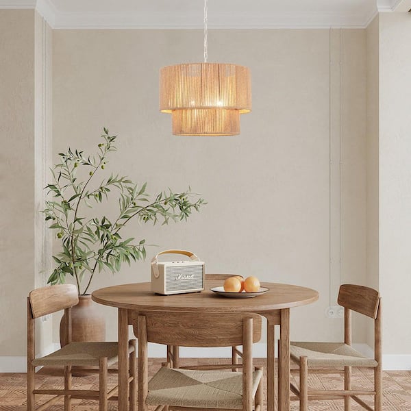 5 Light Distressed White Hemp Rope Bohemian Drum Chandelier for Living Room Dining Room Bedroom No Bulbs Included