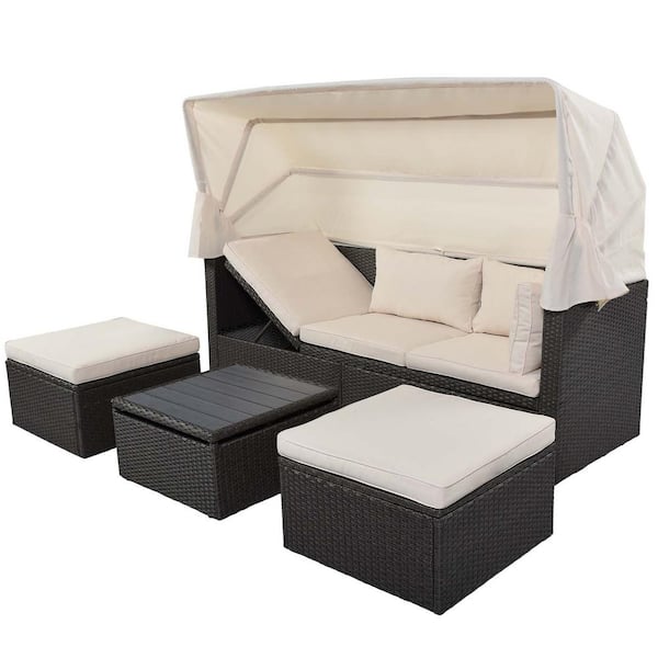 Tunearary Gray Wicker Outdoor Patio Day Bed and Furniture Sectional Seat with Retractable Canopy and Beige Cushions