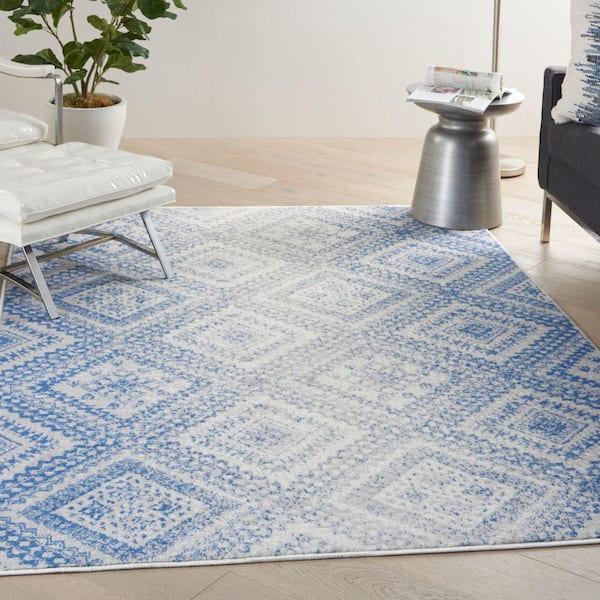 Whimsicle Ivory Blue 5 ft. x 7 ft. Geometric Bohemian Area Rug