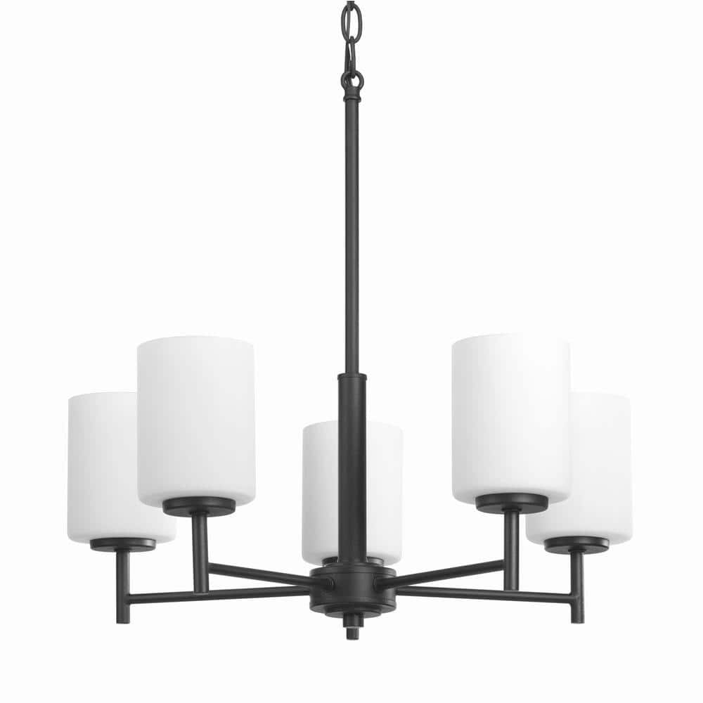 Black Steel 5-Light Chandelier with White Glass Shades