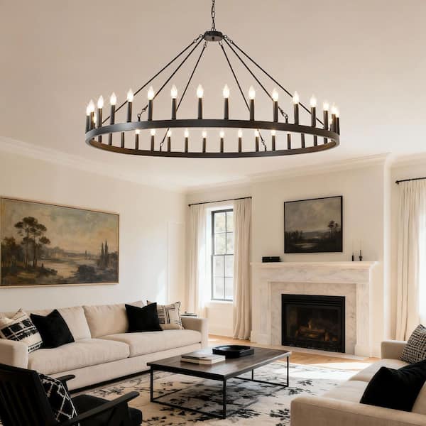 36-Light Black Wagon Wheel Chandelier,59.1 in.Adjustable Ceiling Light Fixture for Dining Room,Living Room(No Bulbs)-E12