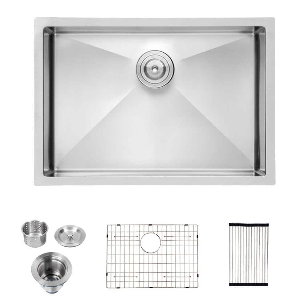 30 in. Undermount Single Bowl 16-Gauge Brushed Nickel Stainless Steel Kitchen Sink with Bottom Grid and Drying Rack -  EPOWP, LX-KS-25-2