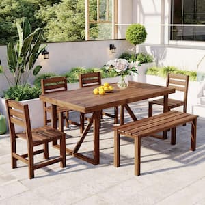 Brown 6-Piece Wood Outdoor Patio Dining Set with 4-Chairs, 1-Bench and RecTangular Dining Table