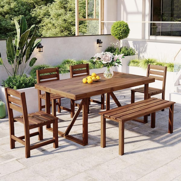 Zeus & Ruta Brown 6-Piece Wood Outdoor Patio Dining Set with 4-Chairs, 1-Bench and RecTangular Dining Table