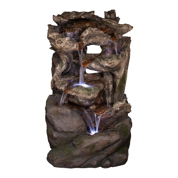 Alpine Corporation 40 in. Tall Outdoor 6-Tier Rainforest Wood and Rock Waterfall Fountain with LED Lights