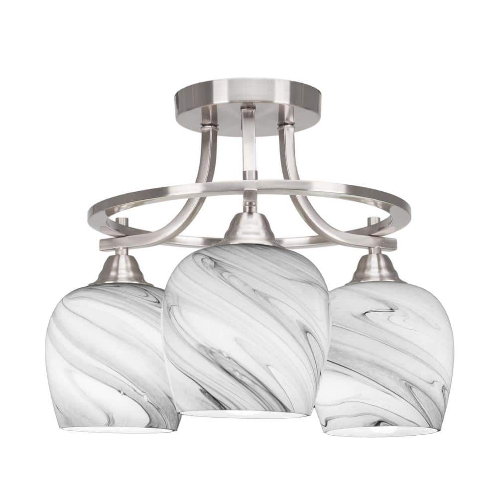 Madison 15.5 in. 3-Light Brushed Nickel Semi-Flush Mount with Onyx Swirl Gl