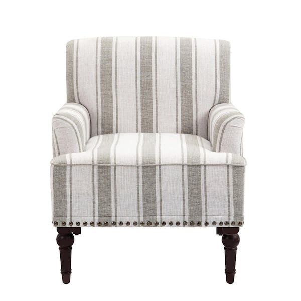Uixe Modern Brown Striped Linen Fabric Upholstered Accent Armchair With Wooden Legs(Set of 1)