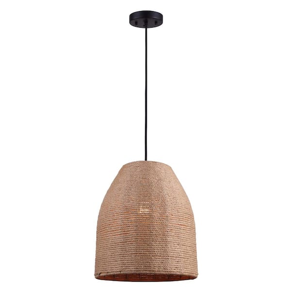CANARM Aubrie 1-Light Matte Black Pendant Light with Rope Shade