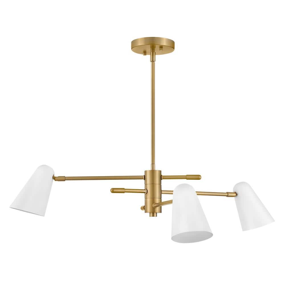Lacquered Brass and White 30" 3-Light Chandelier