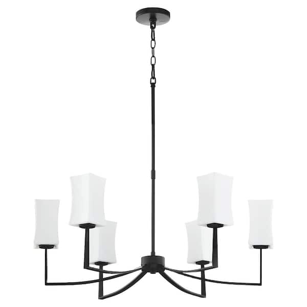 Ayala 60-Watt 6 Light Matte Black Chandelier Light with Satin Opal Glass Shade, No Light Bulb Included