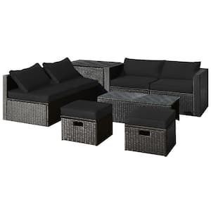 8-Pieces Rattan Patio Sectional Furniture Set w/Waterproof Cover and Black Cushions