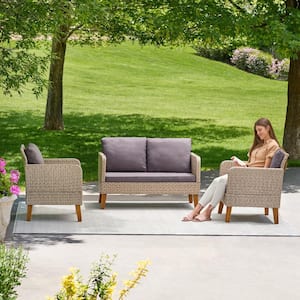Chloe Greige 3-Piece Wicker Patio Loveseat and Lounge Chair Seating Set with Gray Cushions