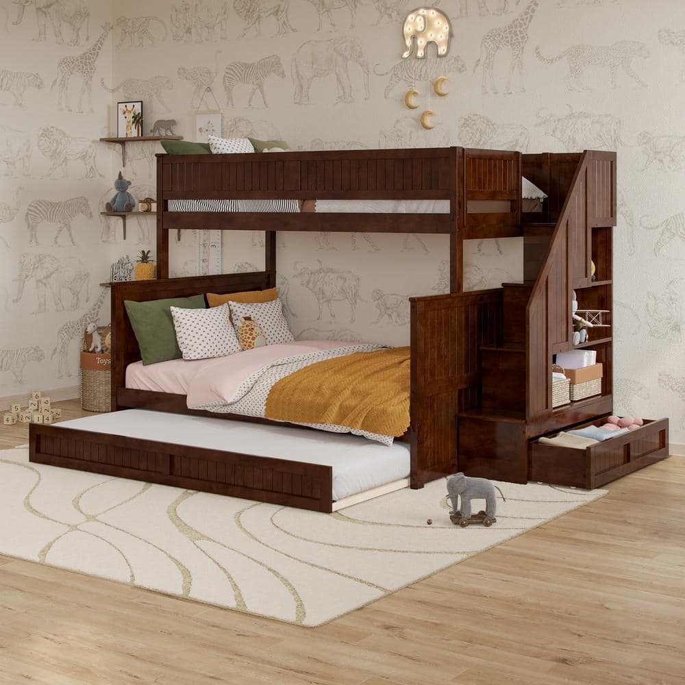 Dover Walnut Brown Solid Wood Frame Twin Over Full Staircase Bunk Bed with Storage Drawer and Twin Trundle