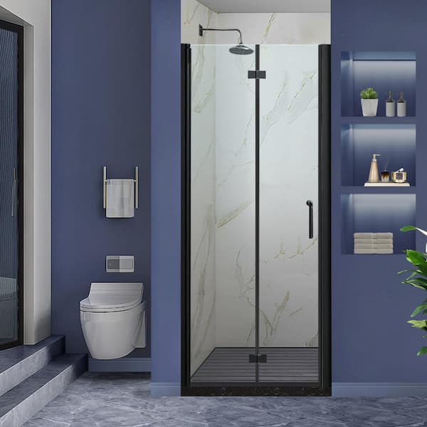 Lonni 30-31.5 in. W x 72 in. H Bi-Fold Frameless Shower Door in Black with Clear Glass