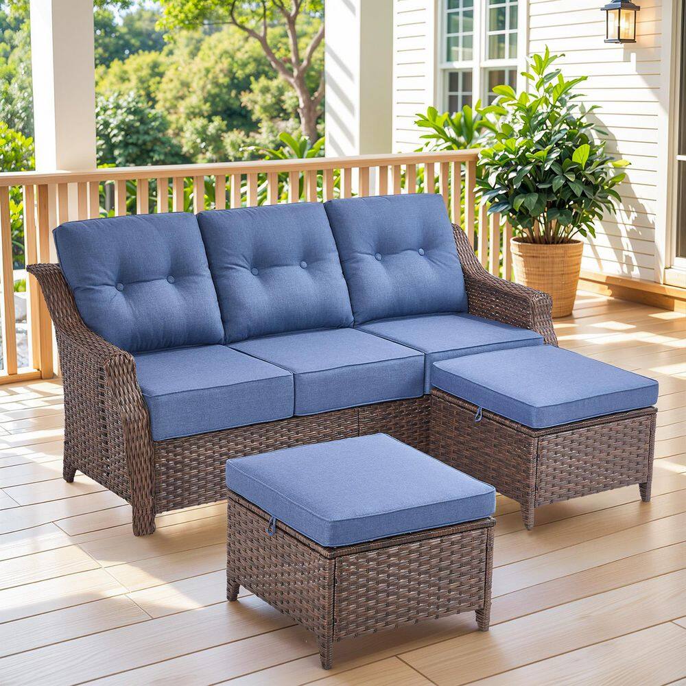 Modern Farmhouse 3-Seat Brown Wicker Outdoor Couch Set with 6 In. Blue Olefin Cushions /Patio Ottomans（3-Piece） price history on PriceWatchPro