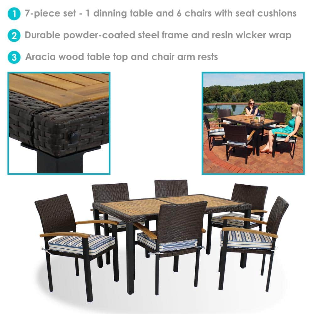 Carlow 7-Piece Brown Rattan and Acacia Wood Patio Dining Set with Blue Cushions