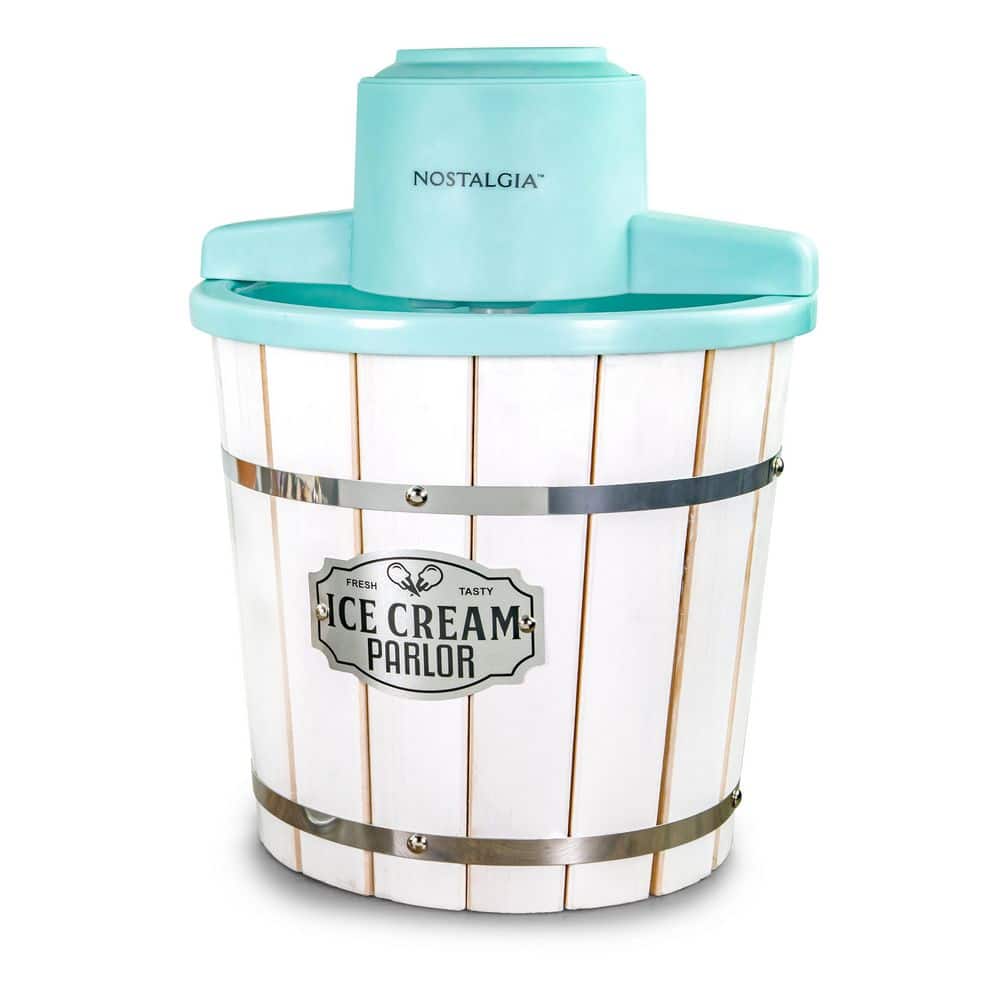 Nostalgia 4-Quart Parlor Wood Bucket Electric Ice Cream Maker - White & Aqua