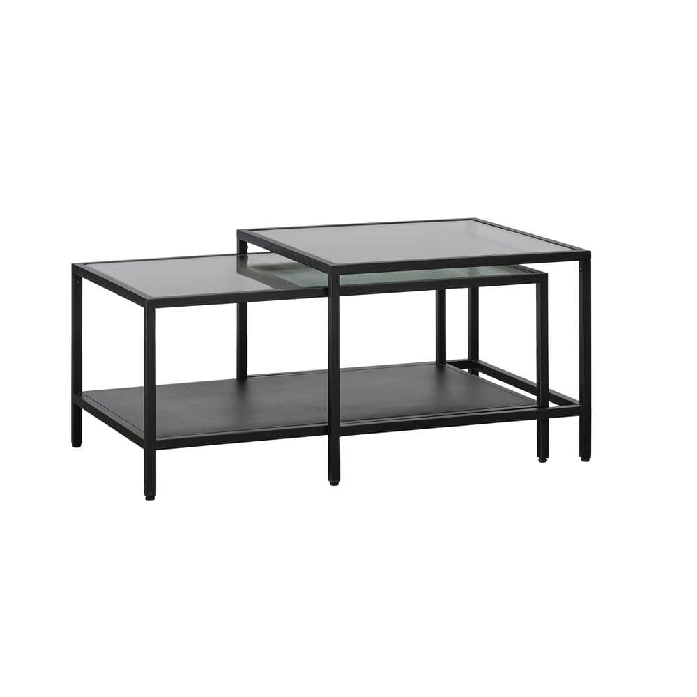 Black Metal and Fluted Glass Rectangular Nesting Coffee Table Set