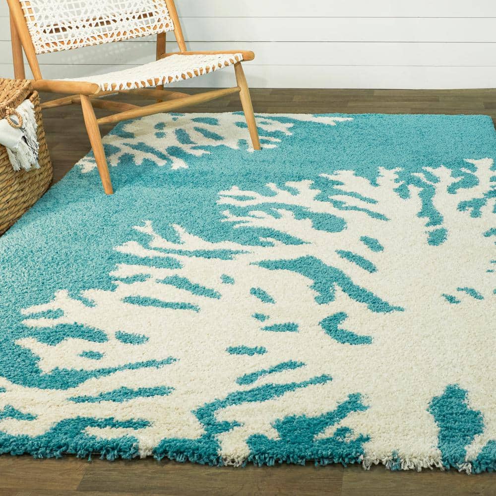 Teal and White Abstract Shag Area Rug, 5'3" x 7'