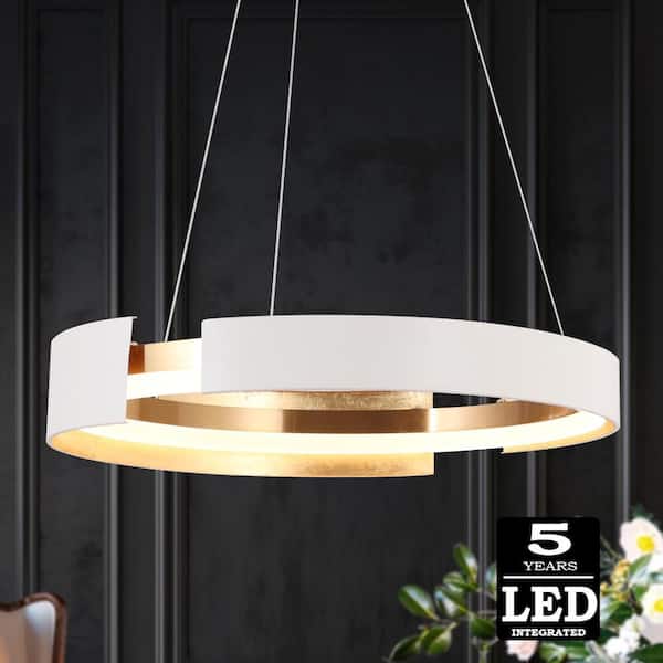 24W Round Integrated LED Chandelier Lighting for Dining Room, Modern 1-Light White and Gold Island Pendant Lights