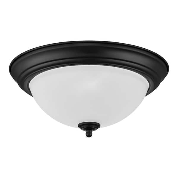 PRIVATE BRAND UNBRANDED 12.75 in. 2-Light Black Flush Mount Ceiling Light Fixture with Frosted Glass Shade