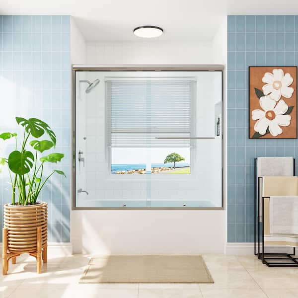HOROW 55 in. - 59 in. W x 56 in. H Double Sliding Semi-Frameless Tub Door in Chrome with Clear Glass