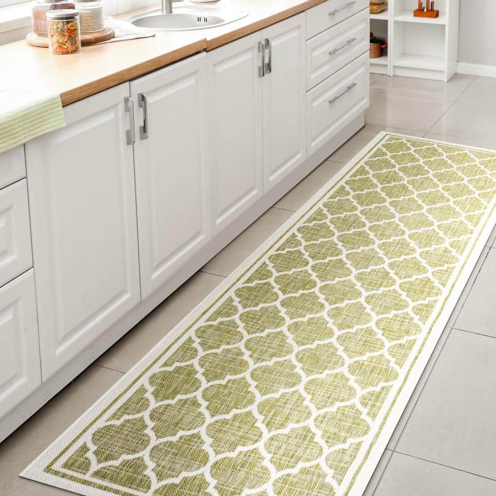 JONATHAN Y Trebol Moroccan Trellis Textured Weave Green/Cream 2 ft. x 10 ft. Indoor/Outdoor Area Rug