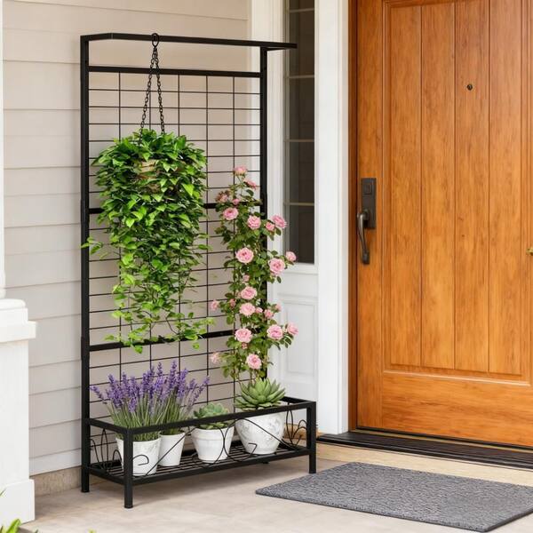 VAMOP 74 in. Powder-Coated Steel Vertical Garden Trellis with Pot