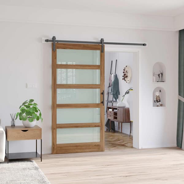 42 in. x 84 in. 5-Lite Tempered Frosted Glass Brown Finished Solid Core MDF Sliding Barn Door with Hardware Kit