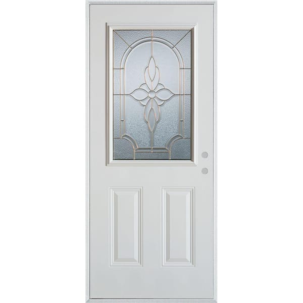 Stanley Doors 33.375 in. x 82.375 in. Traditional Brass 1/2 Lite 2-Panel Painted White Left-Hand Inswing Steel Prehung Front Door