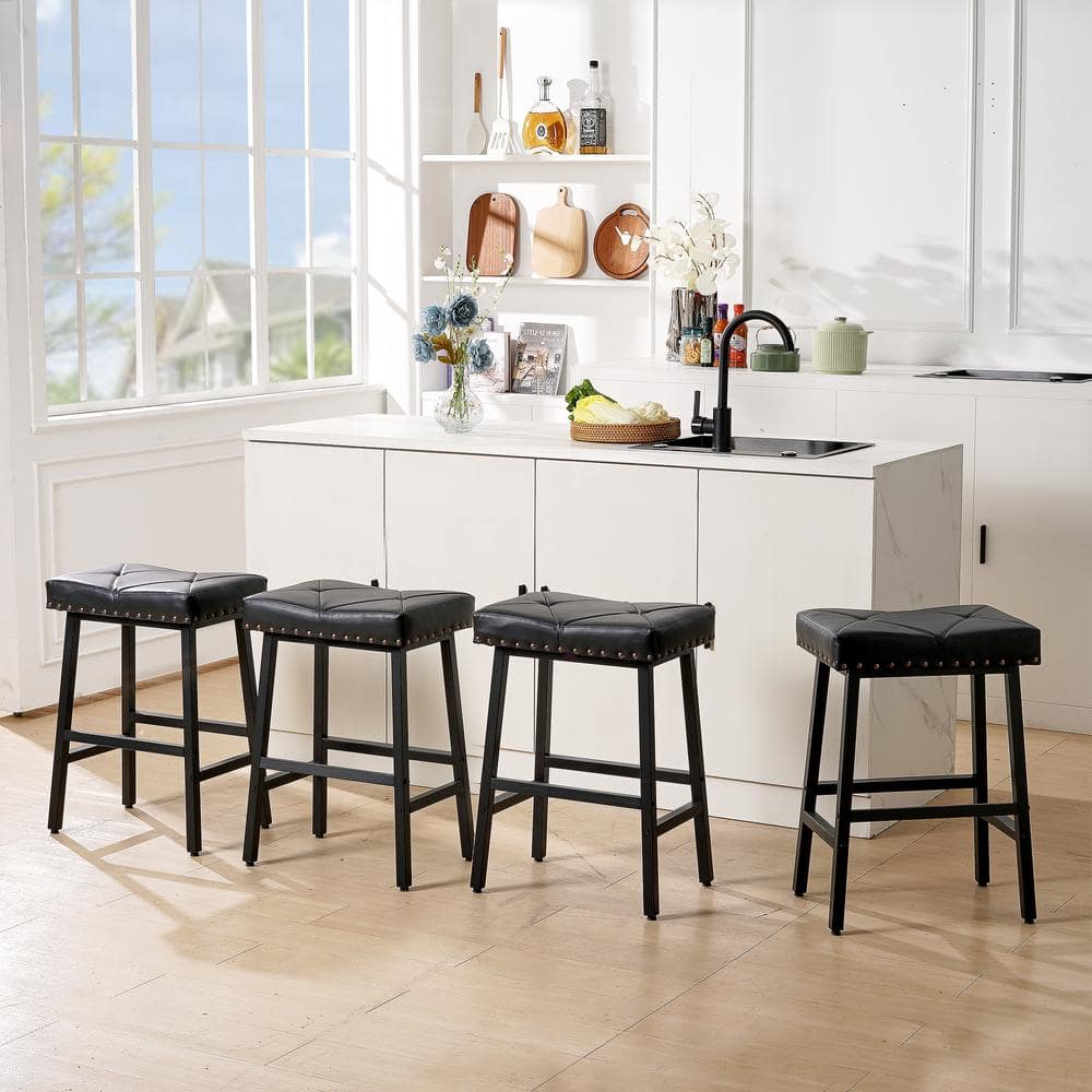 VECELO Bar Stools Set of 4 23.6in. Counter Height Cambridge Dining Chairs Metal Frame with Black PU Leather Cushion Bar Chairs THD C20 BLK A2X2 The