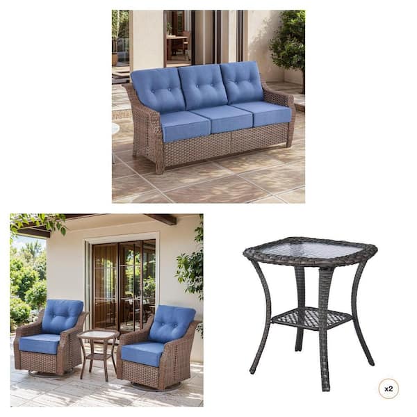 Wicker Set, 3 Seat Sofa, Swivel Rocking Chair, Blue Cushions, Square Glass Side Table, 2-Count