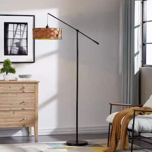 Chicago 73 in. Black Farmhouse 1-Light Up-Down Swing Arm Floor Lamp with Brown Wood Drum Shade