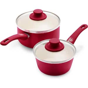 4-Piece Aluminum Ceramic Nonstick Coating 1 qt. and 2 qt. Sauce Pan Set in Red with Glass Lids and Soft Grip Handles