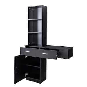 39.76 in. W x 13.15 in. D x 66.93 in. H Black Wood Large Linen Cabinet with Drawers, Doors, Open Shelves and Holes