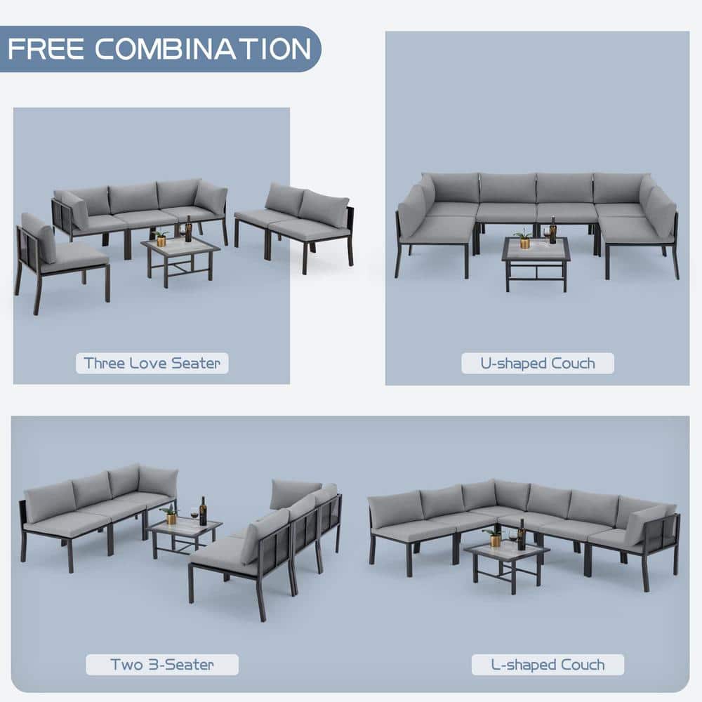 Gray 7-Piece Iron Patio Sectional Furniture Set with Cushions