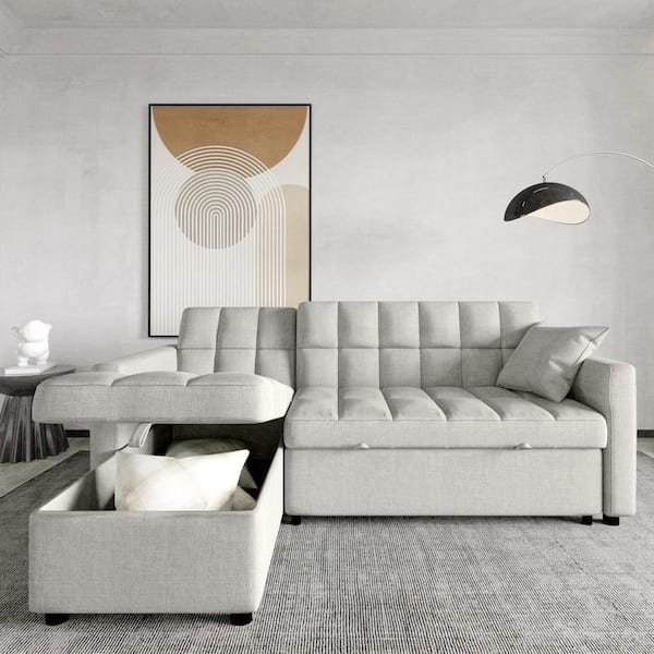 Magic Home 81 9 In Light Gray Cotton Reversible Sectional Sofa With Sleeper Queen Size Bed Mh Sf Lv7047lg Sleeper Queen Size Sofa Bed, Modern Queen Size Sofa Bed