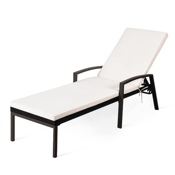 Brown Rattan Wicker Patio Outdoor Lounge Chair Recliner Back Adjustable with White Cushions