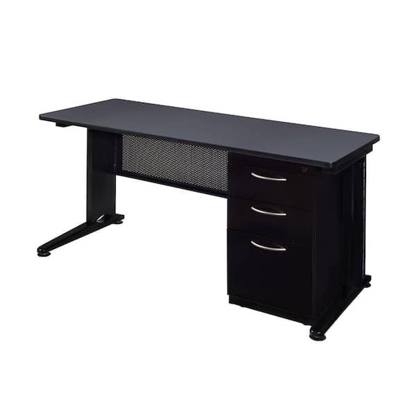 Regency Caranna 66 in. x 30 in. Double Laminate Pedestal L-Desk with 48 in. Return - Mahogany/Black