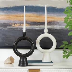 Black Ceramic Geometric Ring Candle Holder with Tapered Base (Set of 2)