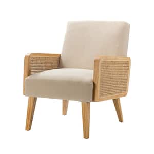 Delphine Modern Tan Accent Chair with Rattan Armrest and Wood Legs for Living Room and Bedroom
