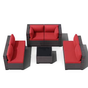 7-Piece Wicker Outdoor Patio Furniture Sectional Set with Red Cushions and Coffee Table