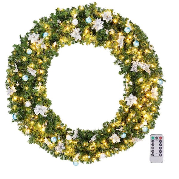 60 in. Green Pre-Lit LED Artificial Christmas Wreath with Ornaments and 11 Light Modes