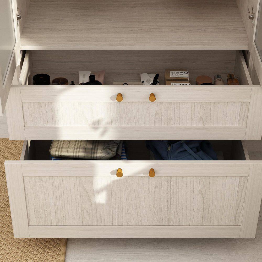 Light Oak Wood 31.5 in. Bedroom Armoire with Frosted Tempered Glass Doors, Hanging Rod and 2-Drawers - thumbnail 6
