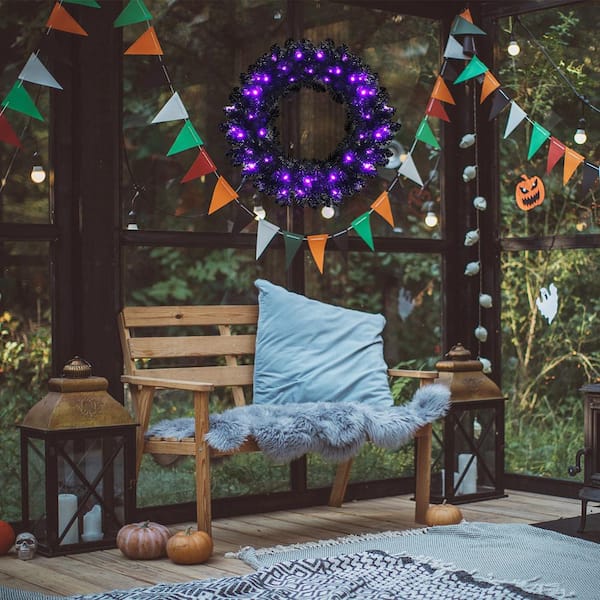 24 '' Pre-lit Black Halloween Wreath Christmas Wreath w/Purple LED lights